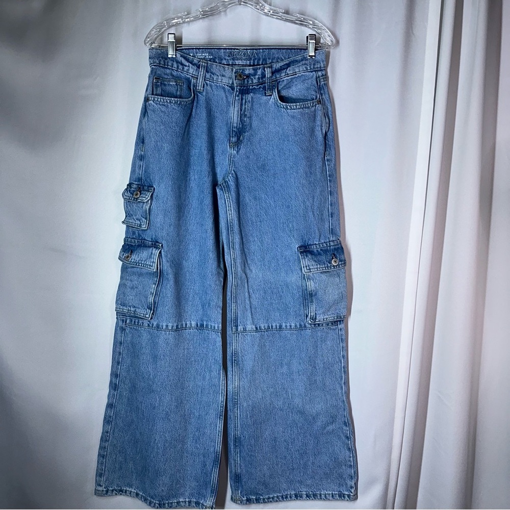 Vintage Y2K Arizona Jeans Blue Cargo Baggy Loose Wide Leg Sz 7 Skater Streetwear